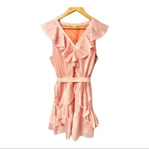 Gianni Bini adorable salmon frilly ruffled pinstripe cocktail fit and flare